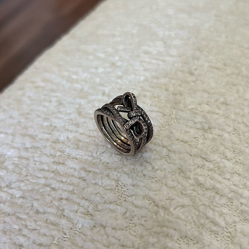 Pandora Silver Bow Ring, Size 48, 1 STONE FELL OUT